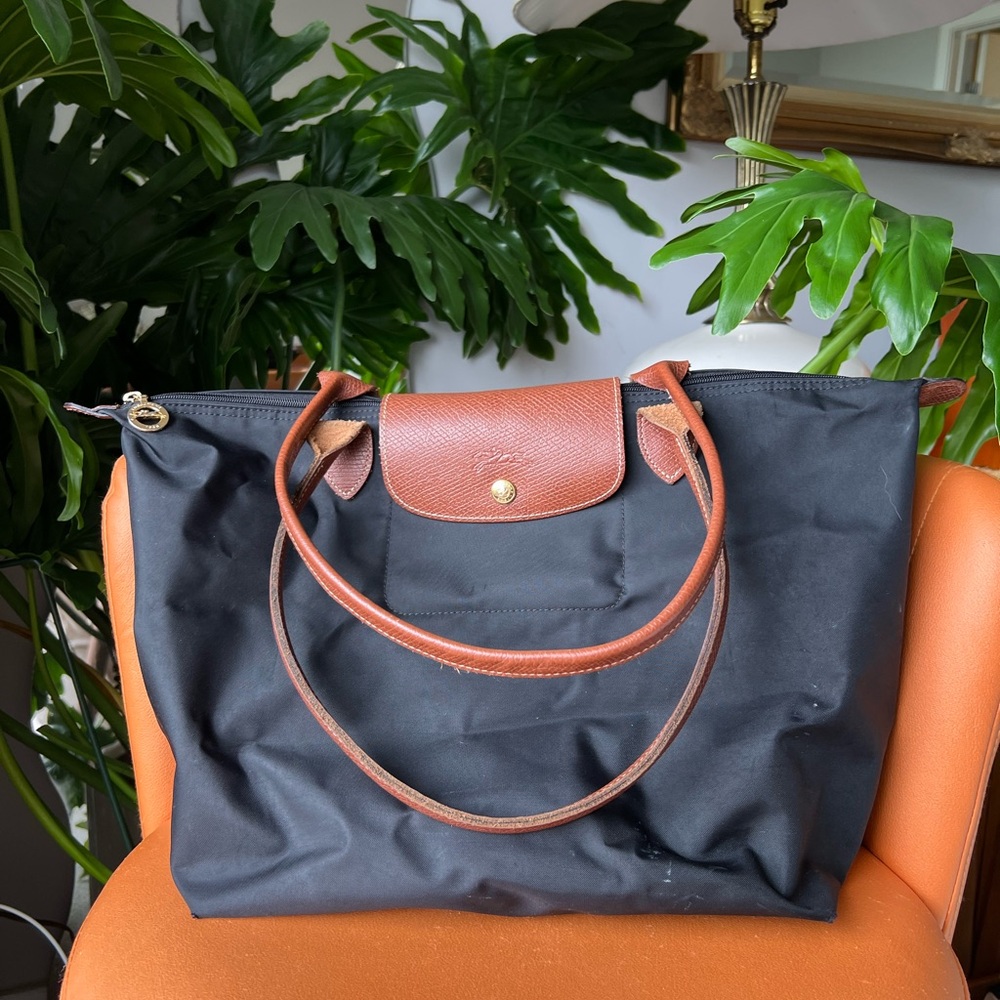 Longchamp Black and Brown Tote with Leather Accents